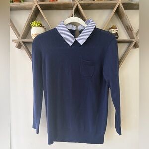 J. Crew Navy 100% Merino Wool Crewneck Sweater with Striped Faux Collar attached